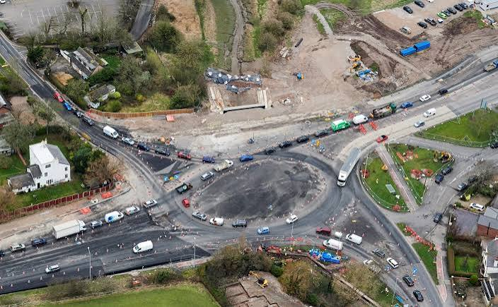 Aerial view of junction works on the A585 Windy Harbour scheme