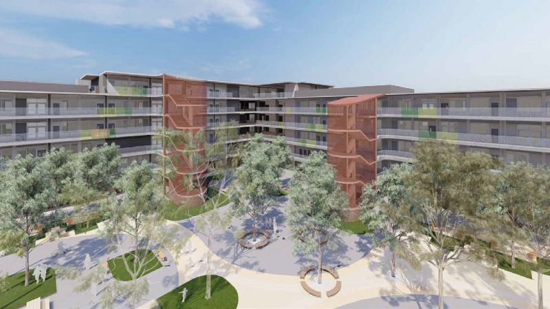 Architectural visualisation of Liverpool Boys and Girls High School showing school buildings around a landscaped courtyard